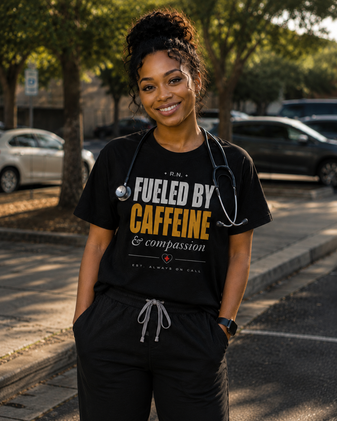Fueled By Caffeine & Compassion™ Unisex Nurse Lifestyle T-Shirt