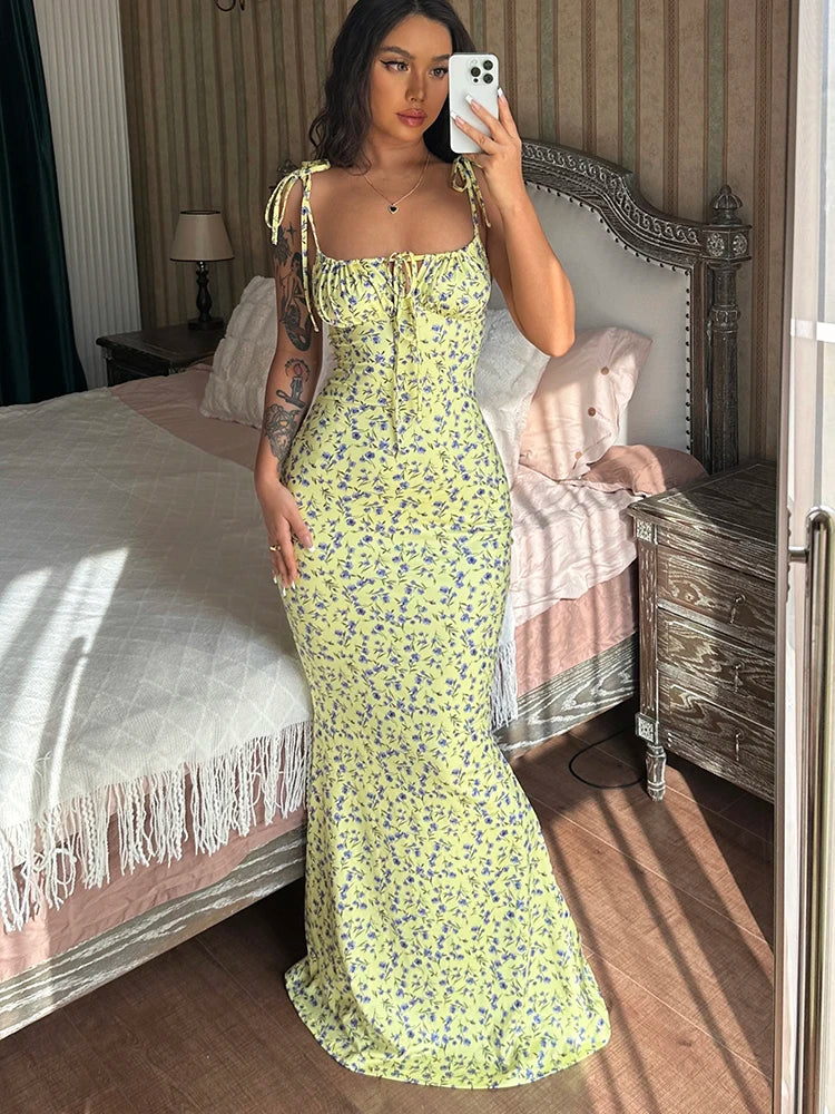 Bloom Tie-Shoulder Mermaid Maxi Dress