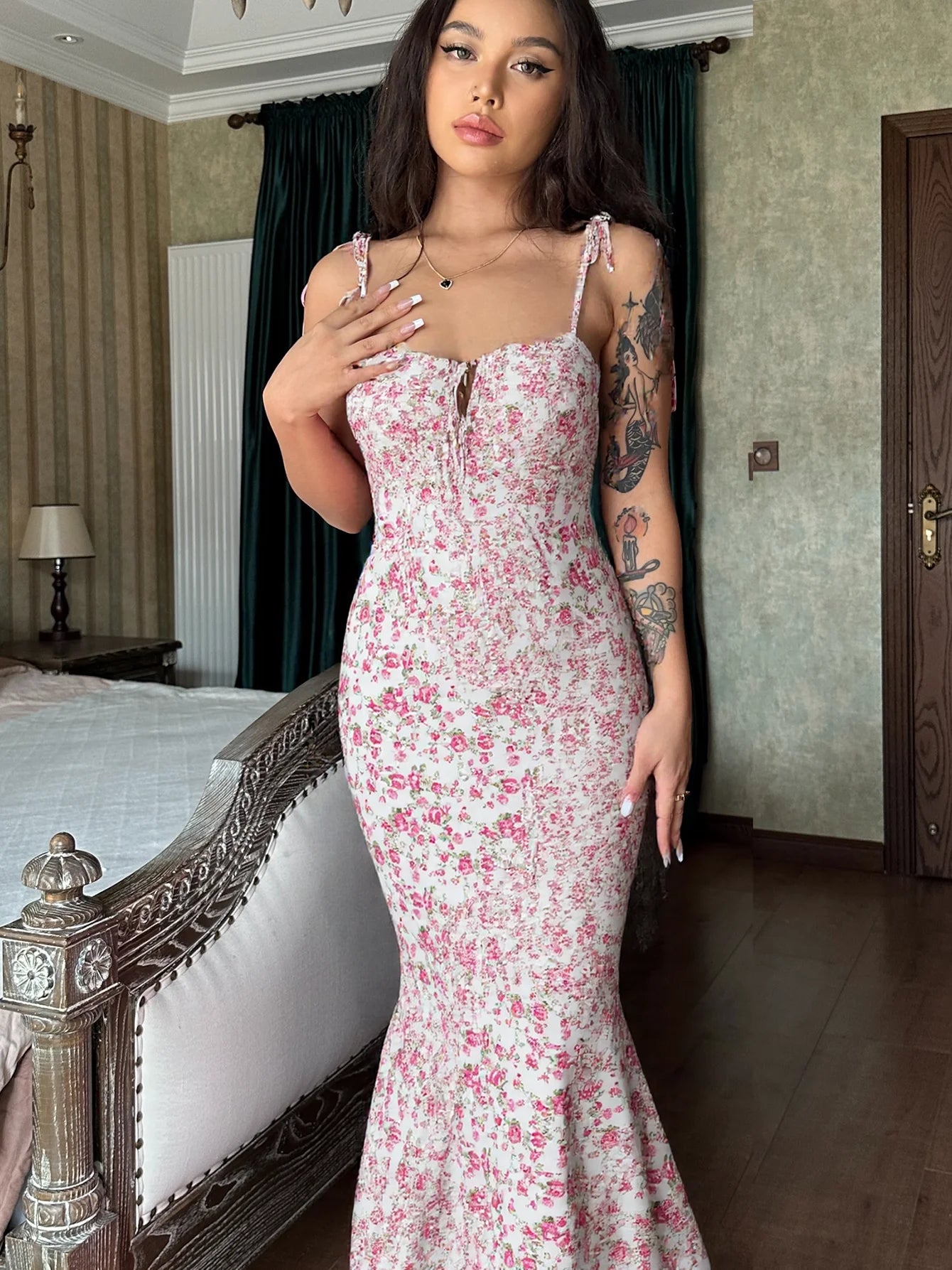 Bloom Tie-Shoulder Mermaid Maxi Dress